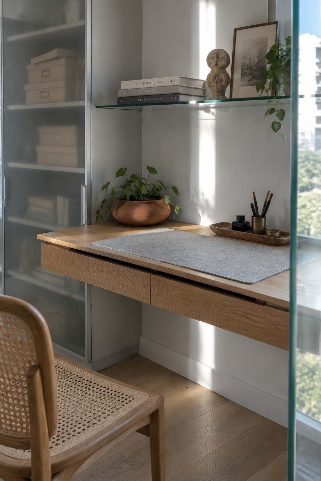 A wall-mounted oak desk with a gray desk mat sits beneath a glass shelf in a bright home office.