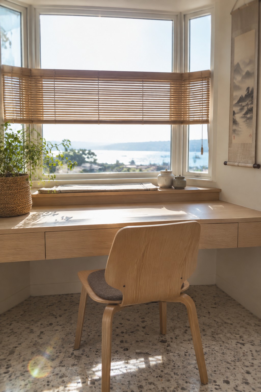 A wooden desk beneath a large window with bamboo blinds, a wooden chair, and a potted plant.