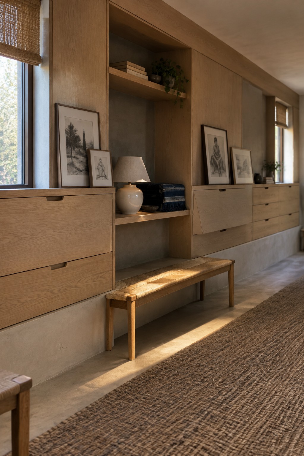 Light wood built-in cabinets with drawers and open shelves line a wall beside tall windows, with framed art and a woven bench in front.
