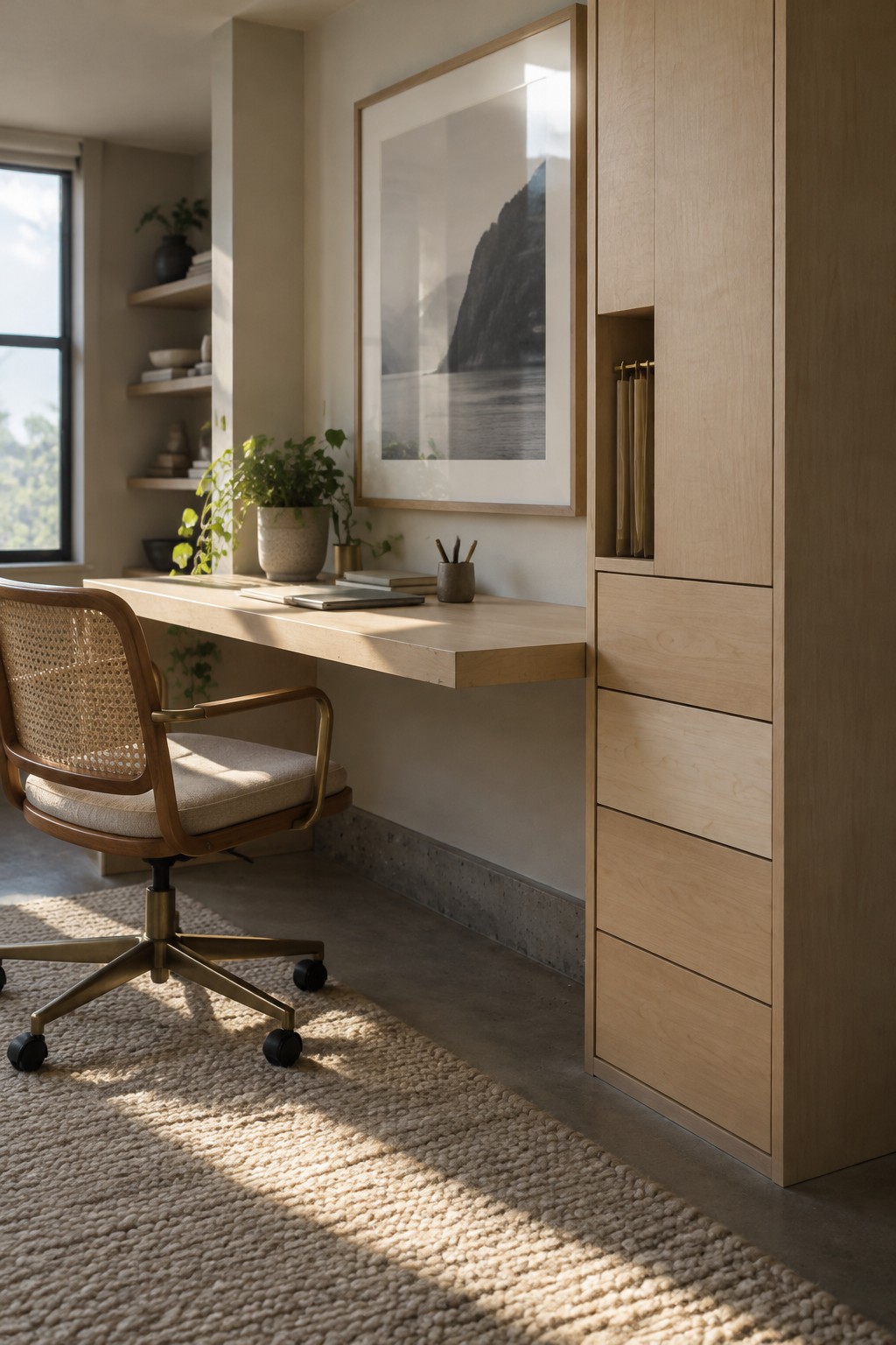A pale wood desk extends from tall built-in cabinets beside a window, with a cane office chair in front.