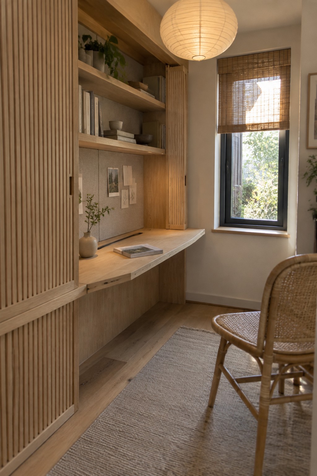 A built-in wooden desk sits between slatted cabinets and open shelves in a small home office.