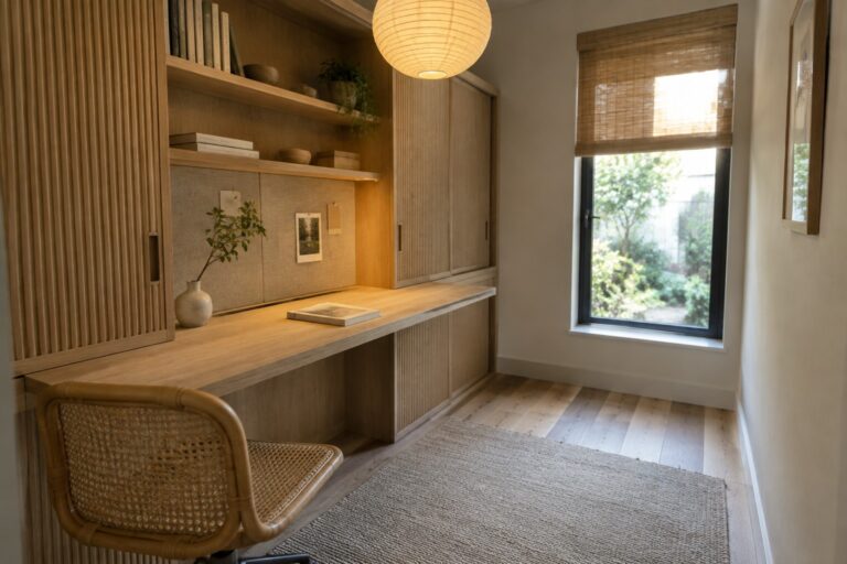 21 Japandi Home Offices With Concealed Desk Storage A built-in wooden desk sits between slatted cabinets and open shelves in a small home office.