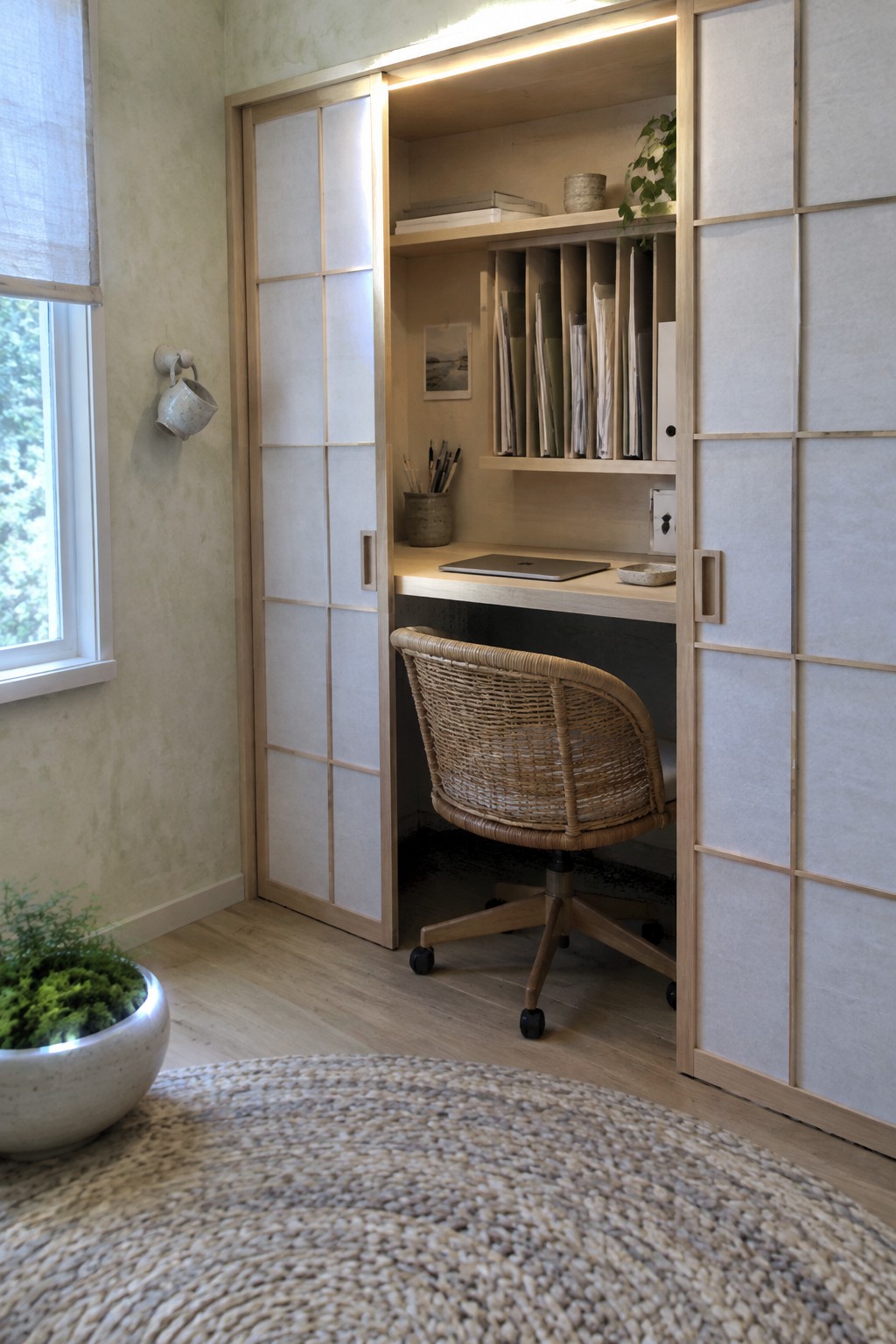 A built-in wooden desk nook with open shelves, a woven chair, and sliding white panels.