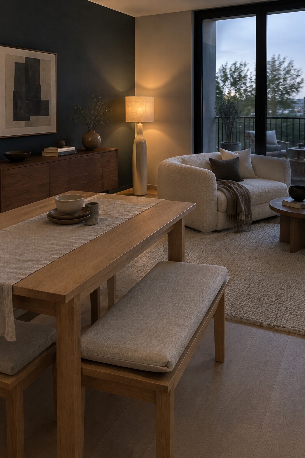 A Japandi open-plan living and dining room with charcoal-painted walls and warm wood furniture.