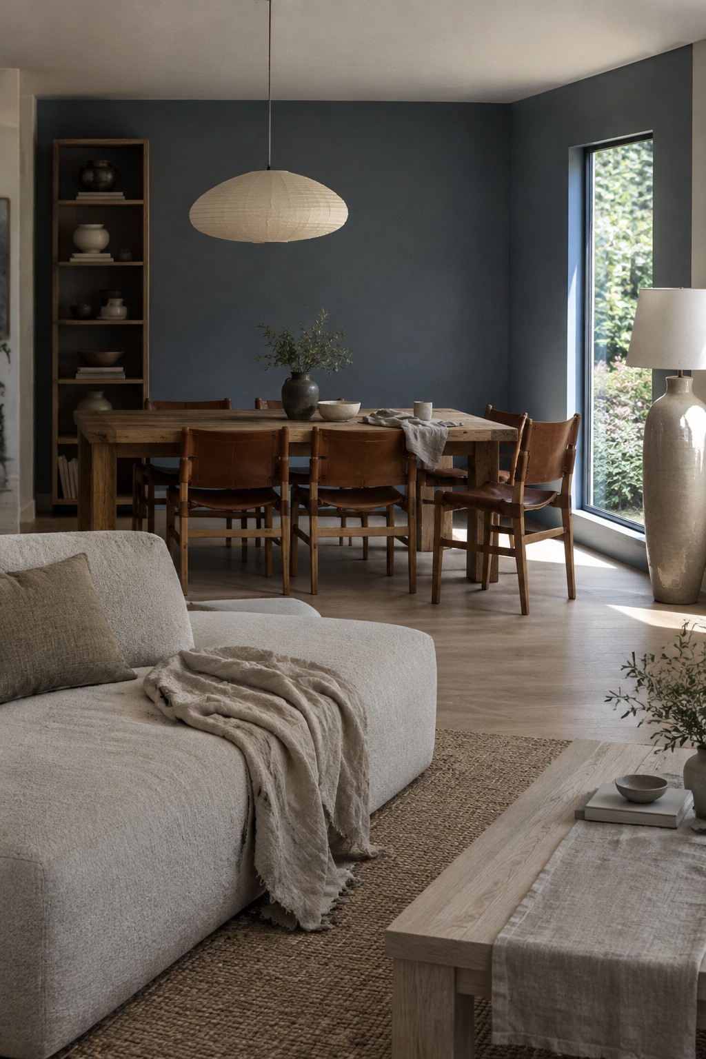 Charcoal blue-gray dining-area walls beside a warm wood table in an open-plan living and dining room.