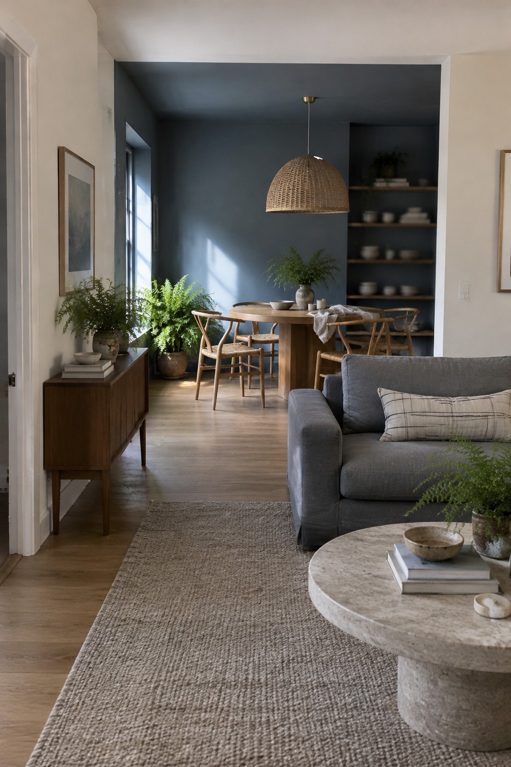 Deep blue-gray walls define the dining nook beside the open living area.