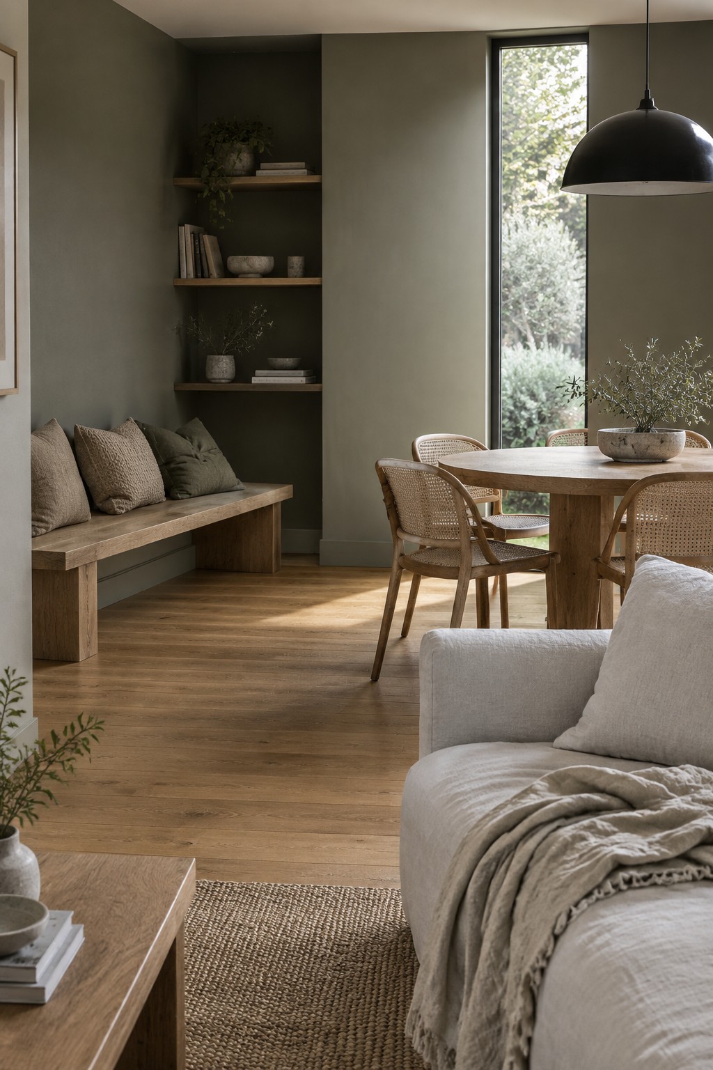 Muted olive paint covers built-in shelves and a bench beside a warm oak dining area.