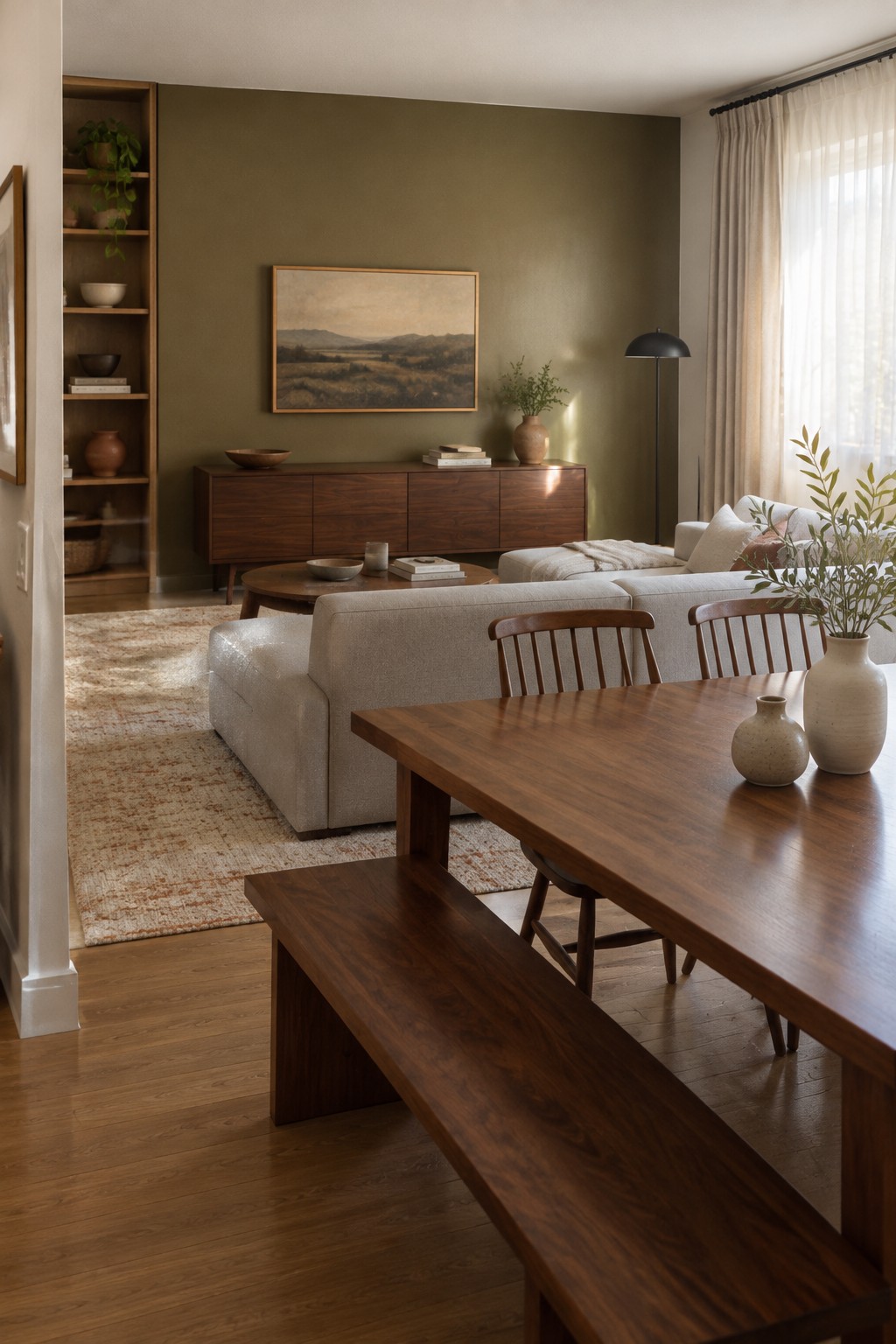 Muted olive green walls in an open-plan living and dining room with warm walnut furniture.
