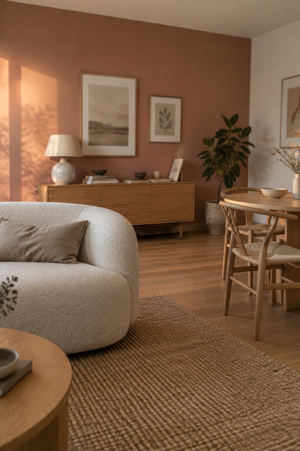 Muted terracotta walls connect an open living and dining area with warm wood furniture.