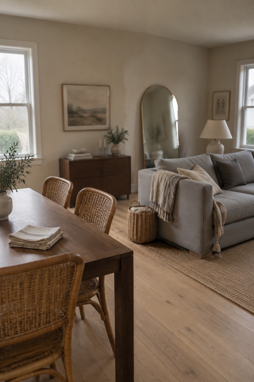 Warm greige walls connect an open dining and living area with dark wood furniture and light oak floors.