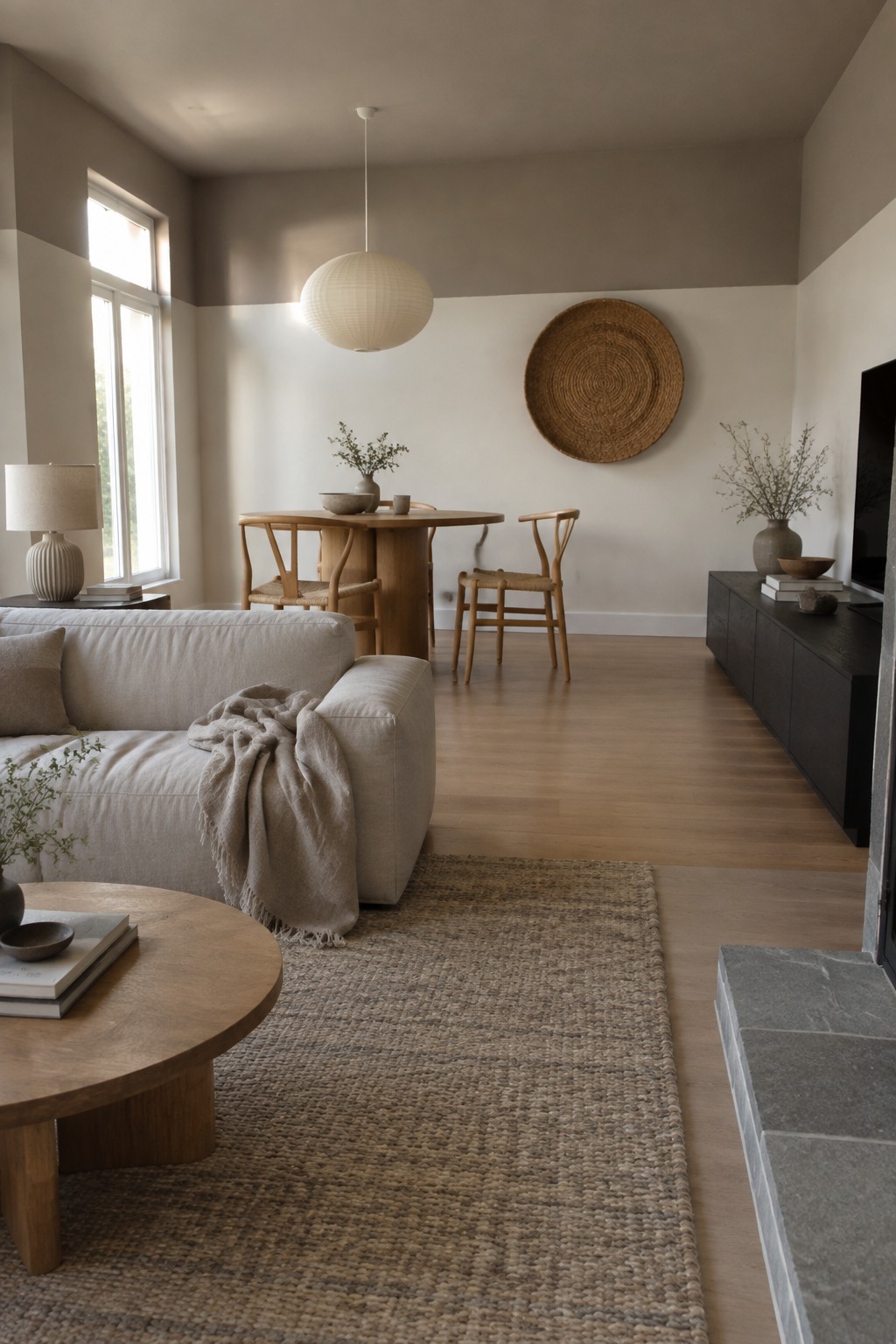 Warm greige walls in an open-plan living and dining room with natural oak floors.