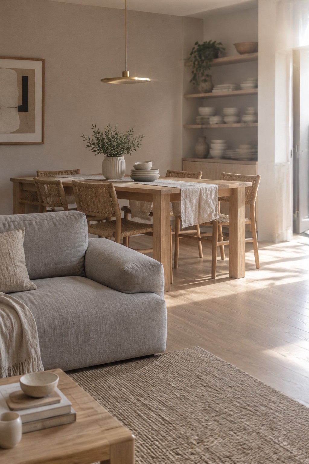 Warm taupe walls connect an open living and dining area with pale oak floors.