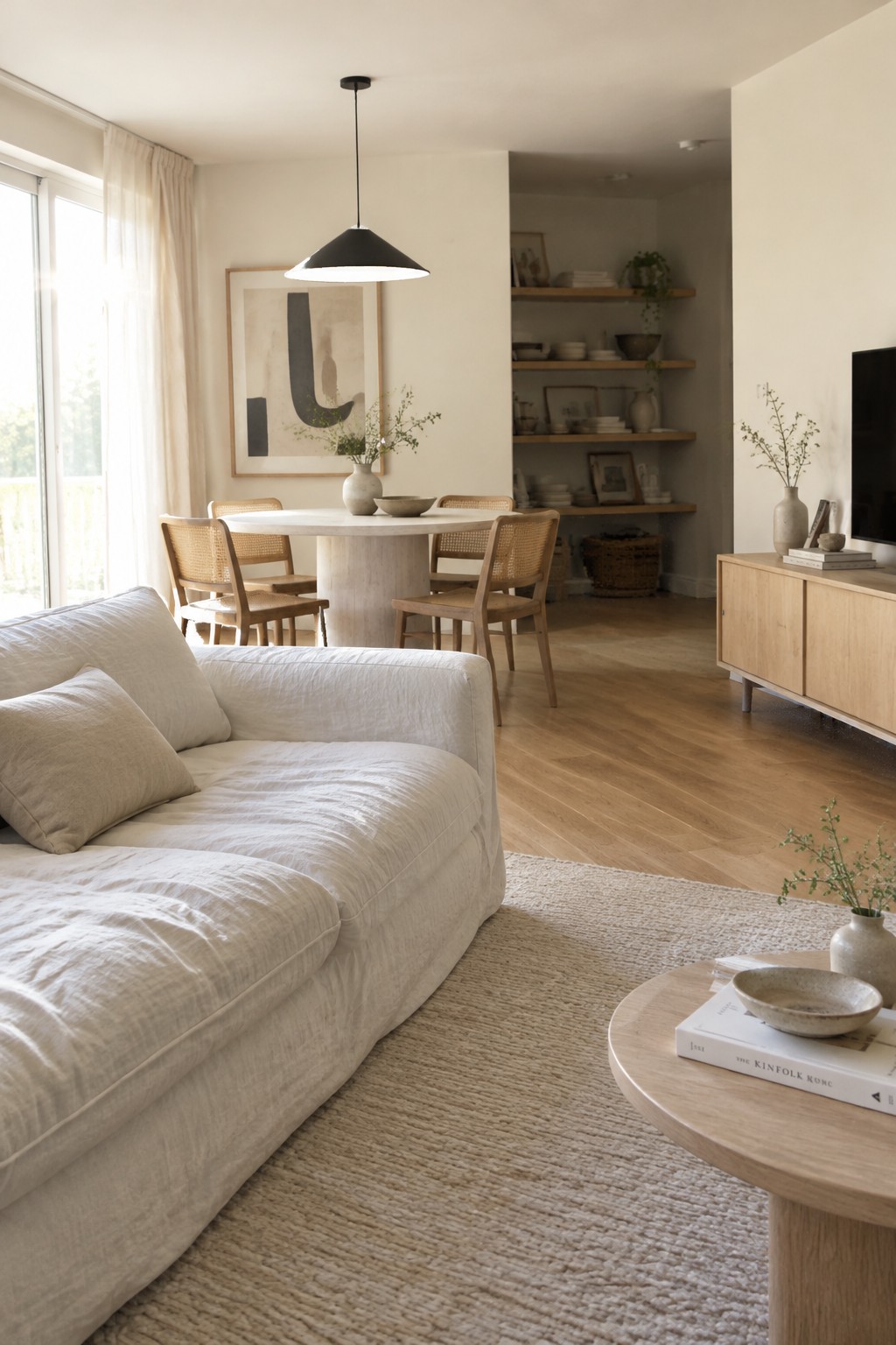 Warm white walls connect a Japandi living room and dining area with pale wood floors.