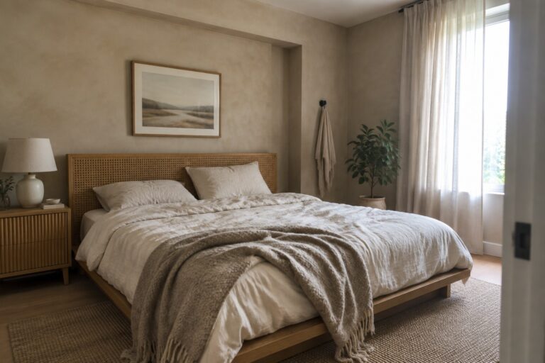 Warm beige plaster-finish bedroom walls behind a natural rattan headboard.
