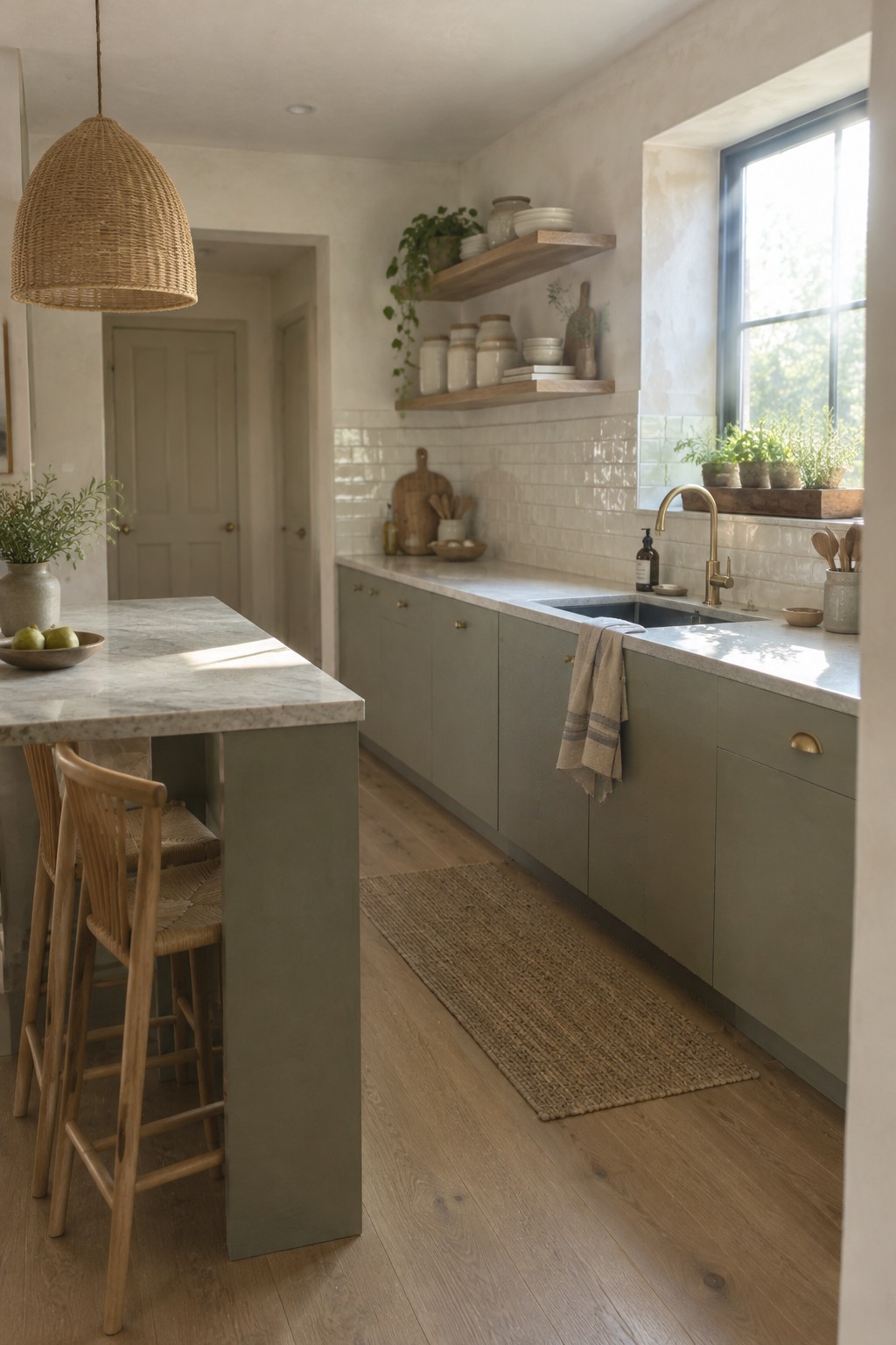 Muted green kitchen cabinets sit beneath white tile in a light-filled kitchen.