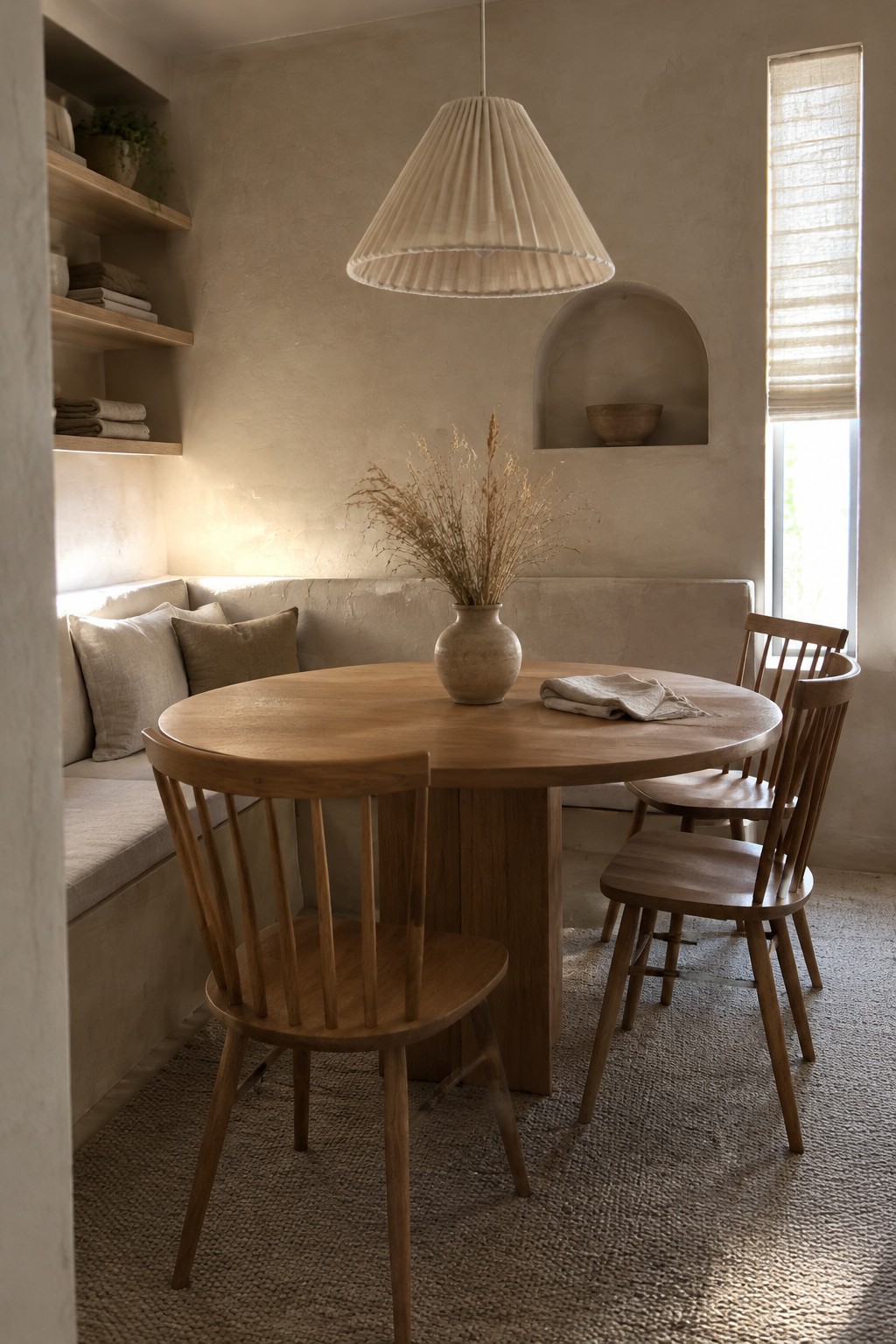 Warm beige plaster walls surround a dining nook with a round oak table.