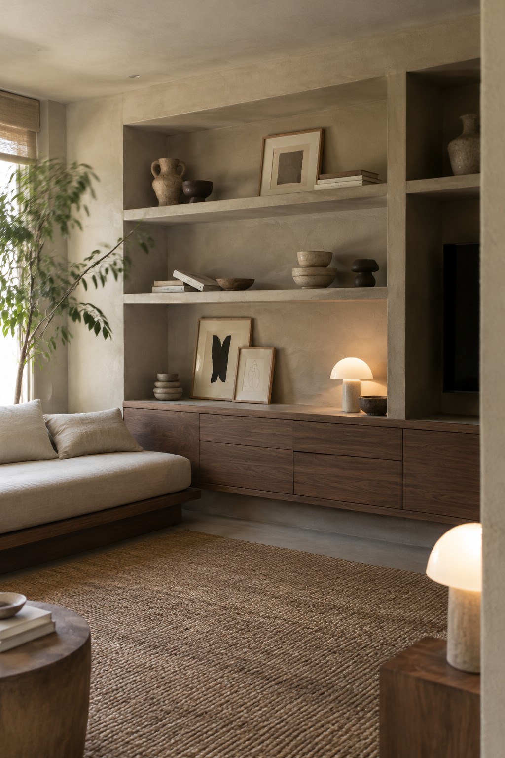 Warm greige plaster covers the living room walls and built-in shelves above dark wood cabinetry.