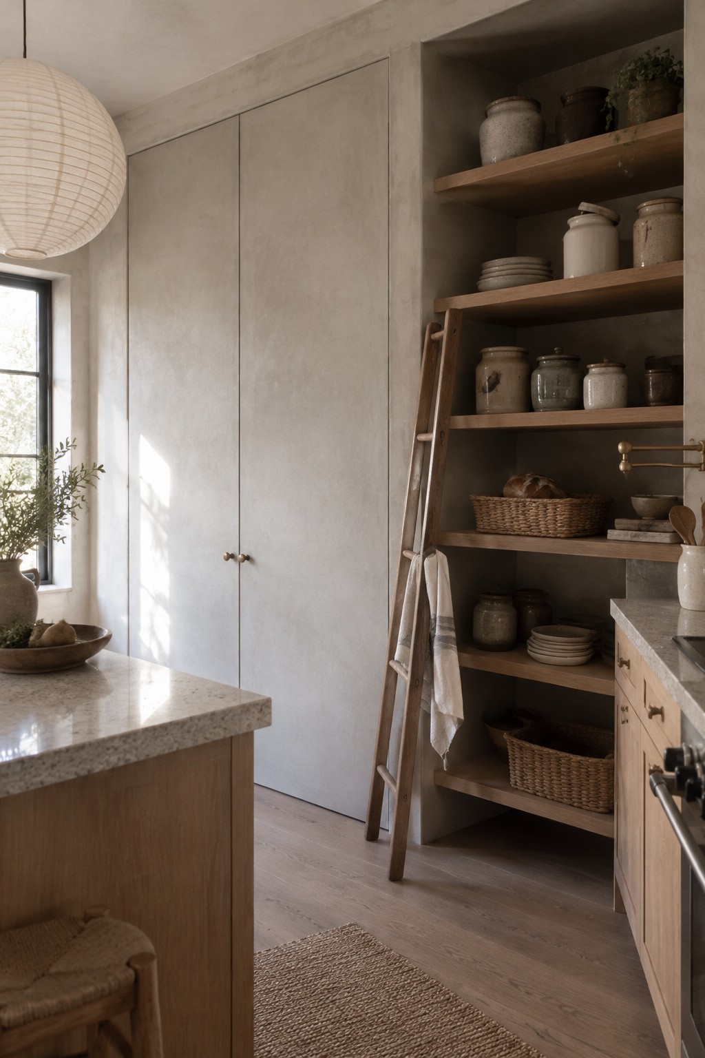 Warm greige plaster-style walls and cupboard doors in a Japandi kitchen with oak shelves.