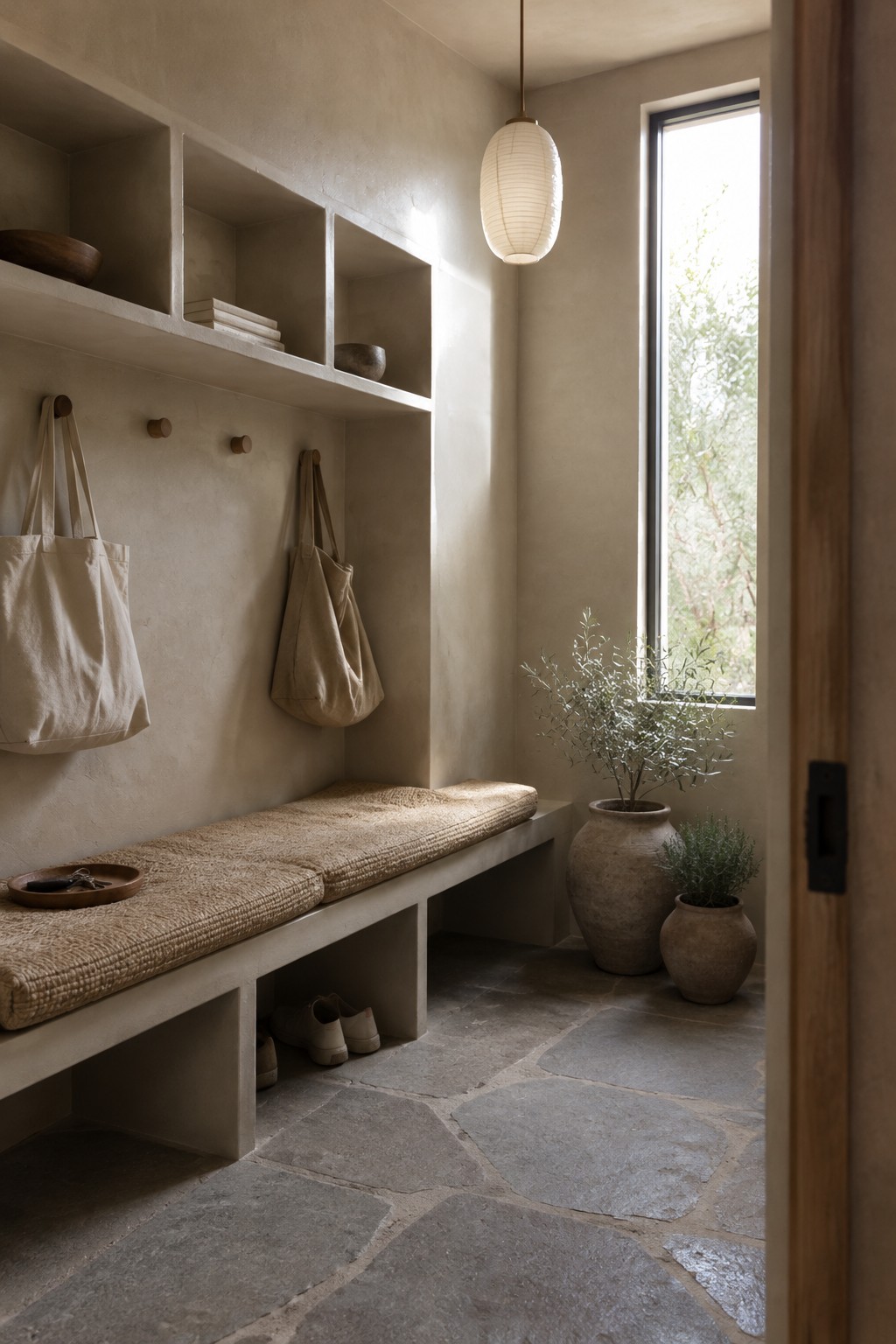 Warm greige plaster walls and built-in bench in a Japandi-style entryway.