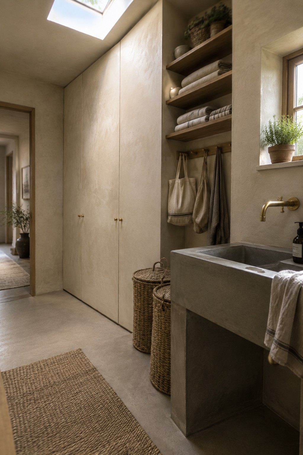 Warm greige plaster walls and built-in cabinets surround a concrete sink in a narrow utility room.