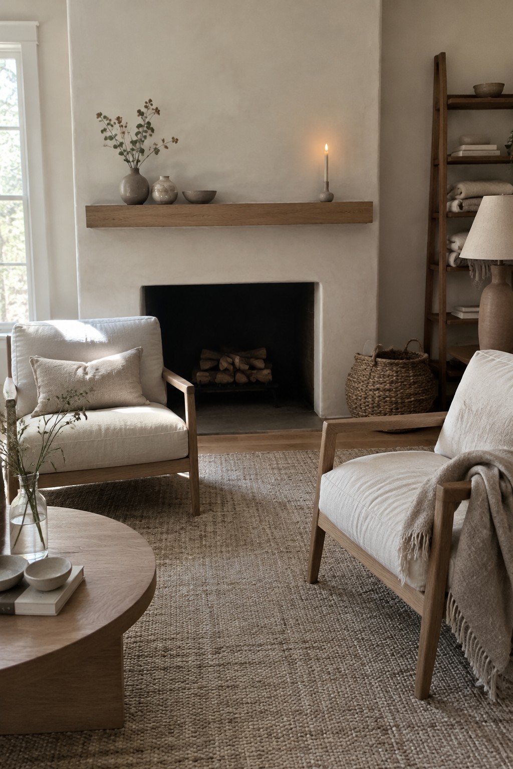 Warm greige plaster surrounds a living room fireplace with a natural wood mantel.