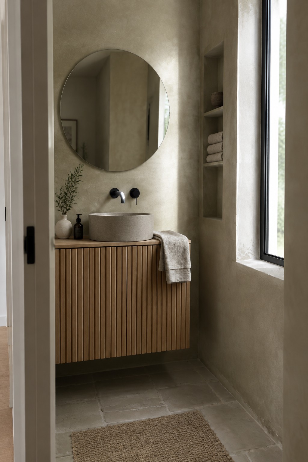 Warm greige plaster walls surround an oak vanity in a small bathroom.