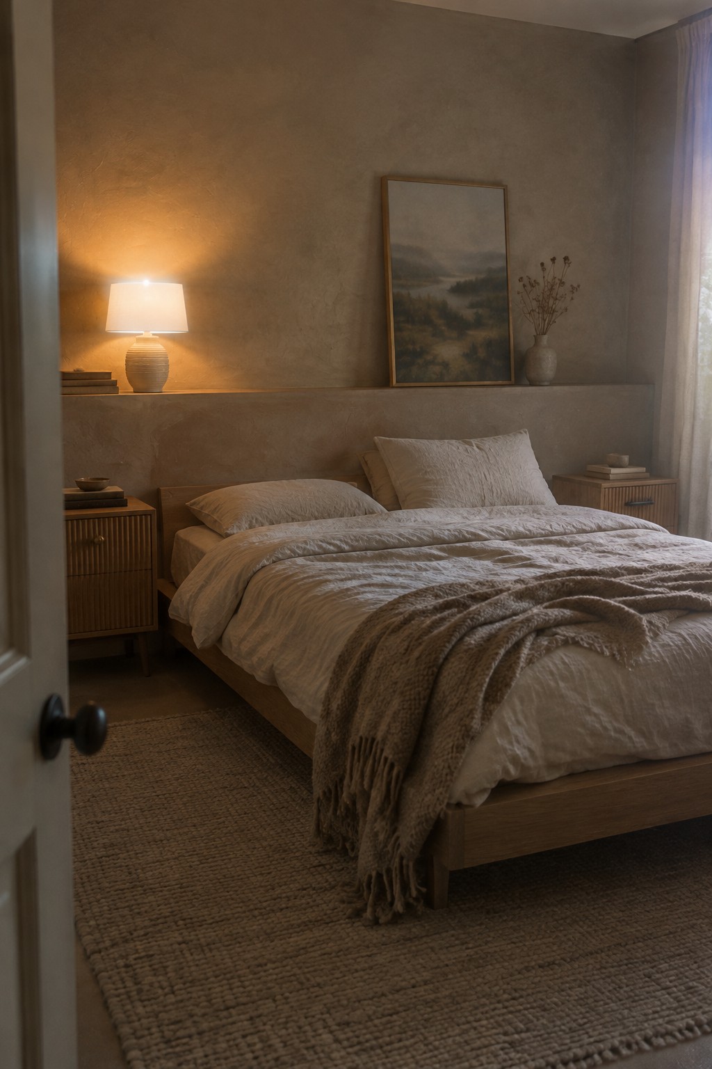 Warm greige plaster walls behind a wood bed in a Japandi-style bedroom.