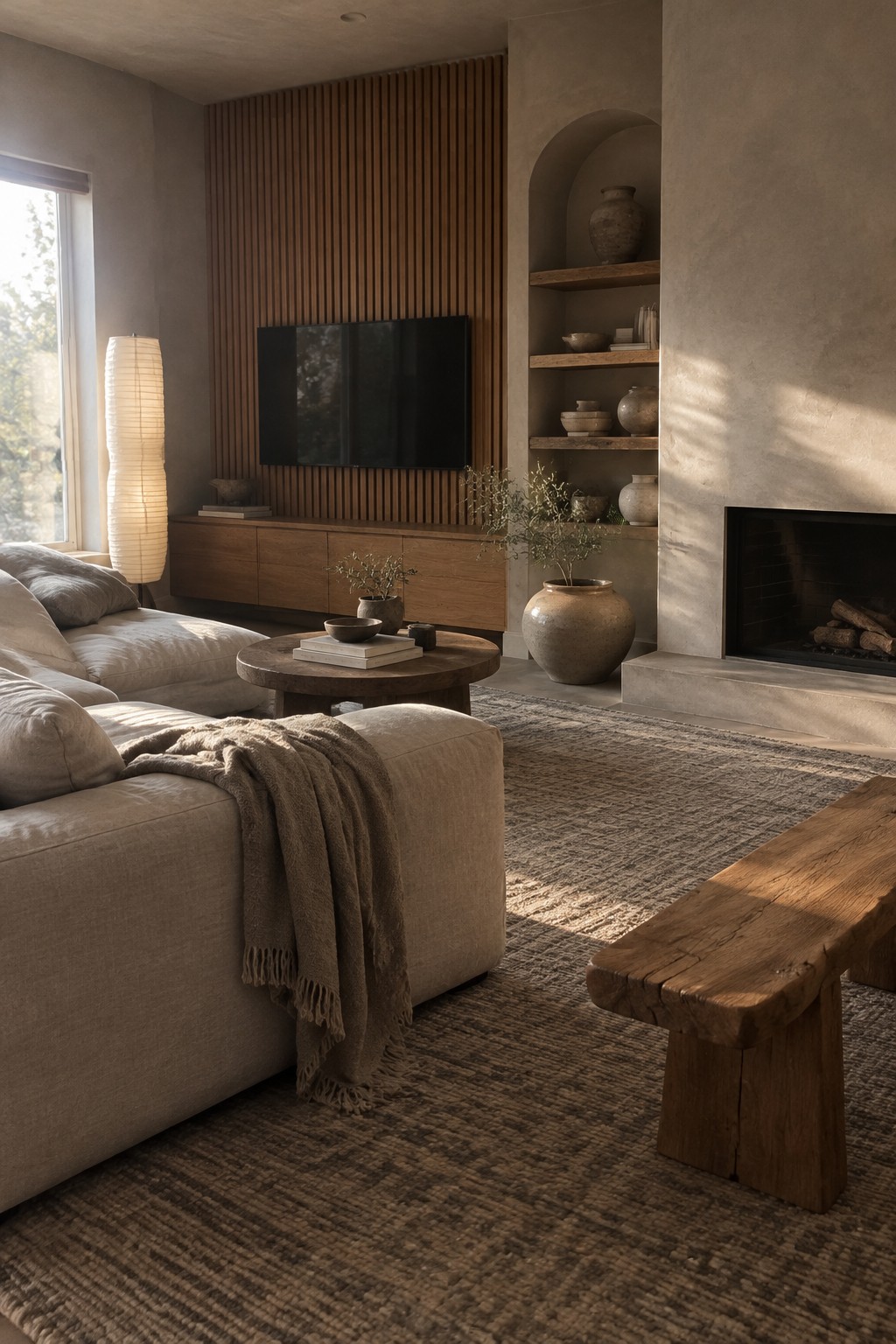 Warm greige plaster walls beside a slatted oak feature wall in a living room.