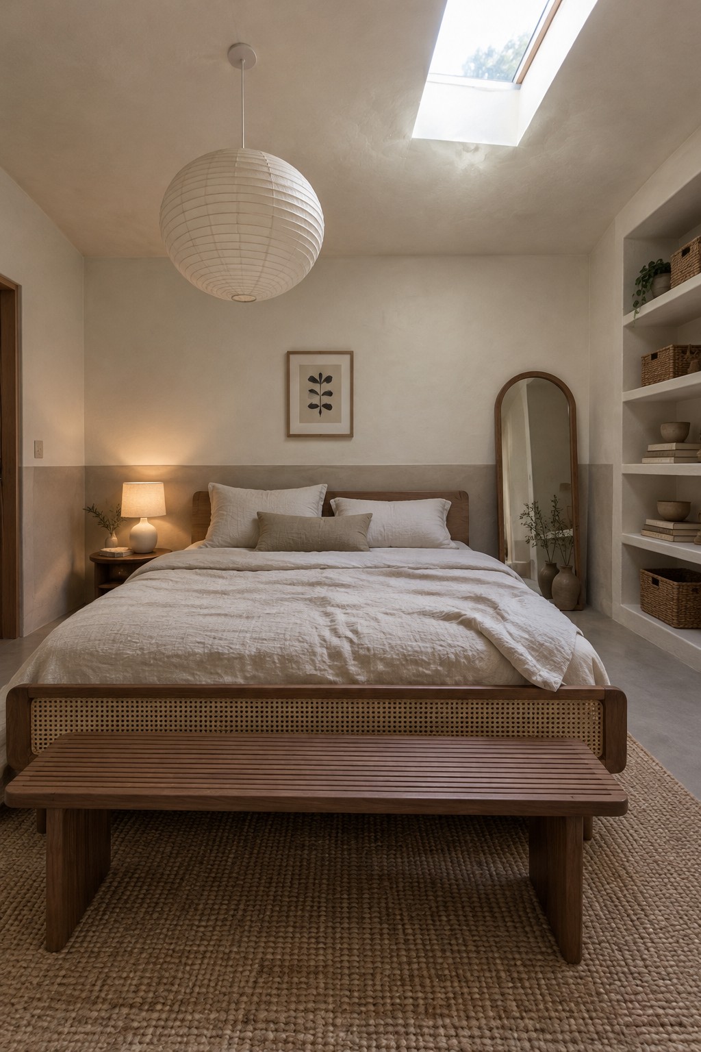 Warm greige plaster walls in a bedroom with a cane-fronted wooden bed.