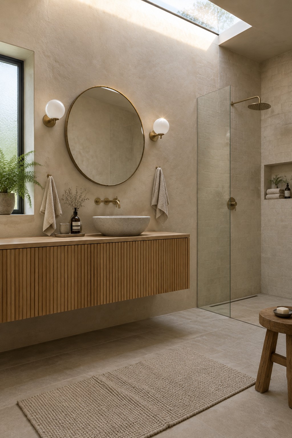 Warm beige plaster walls in a Japandi bathroom with a fluted oak vanity.
