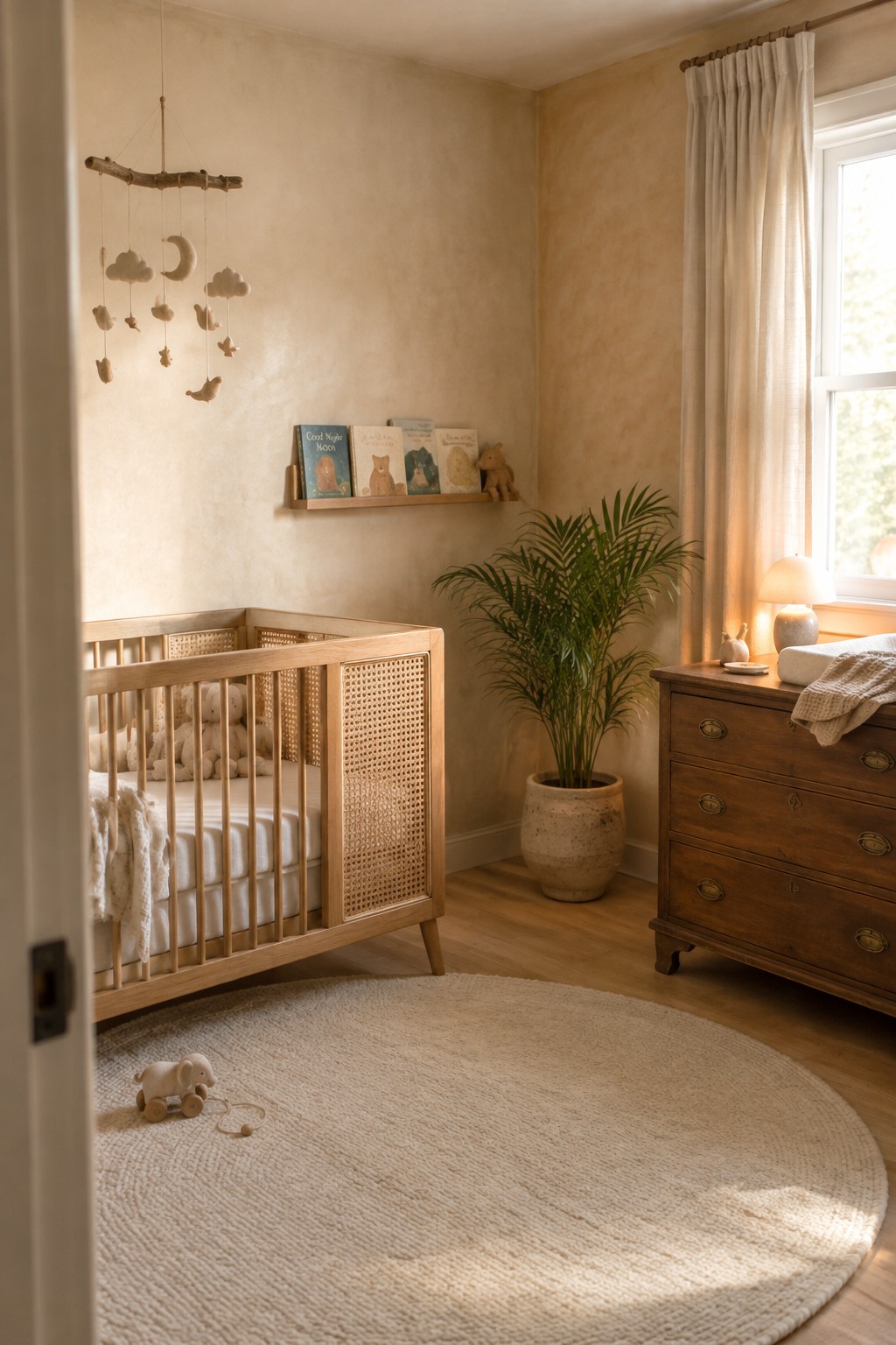 Warm beige plaster walls in a nursery with an oak crib and cane panels.