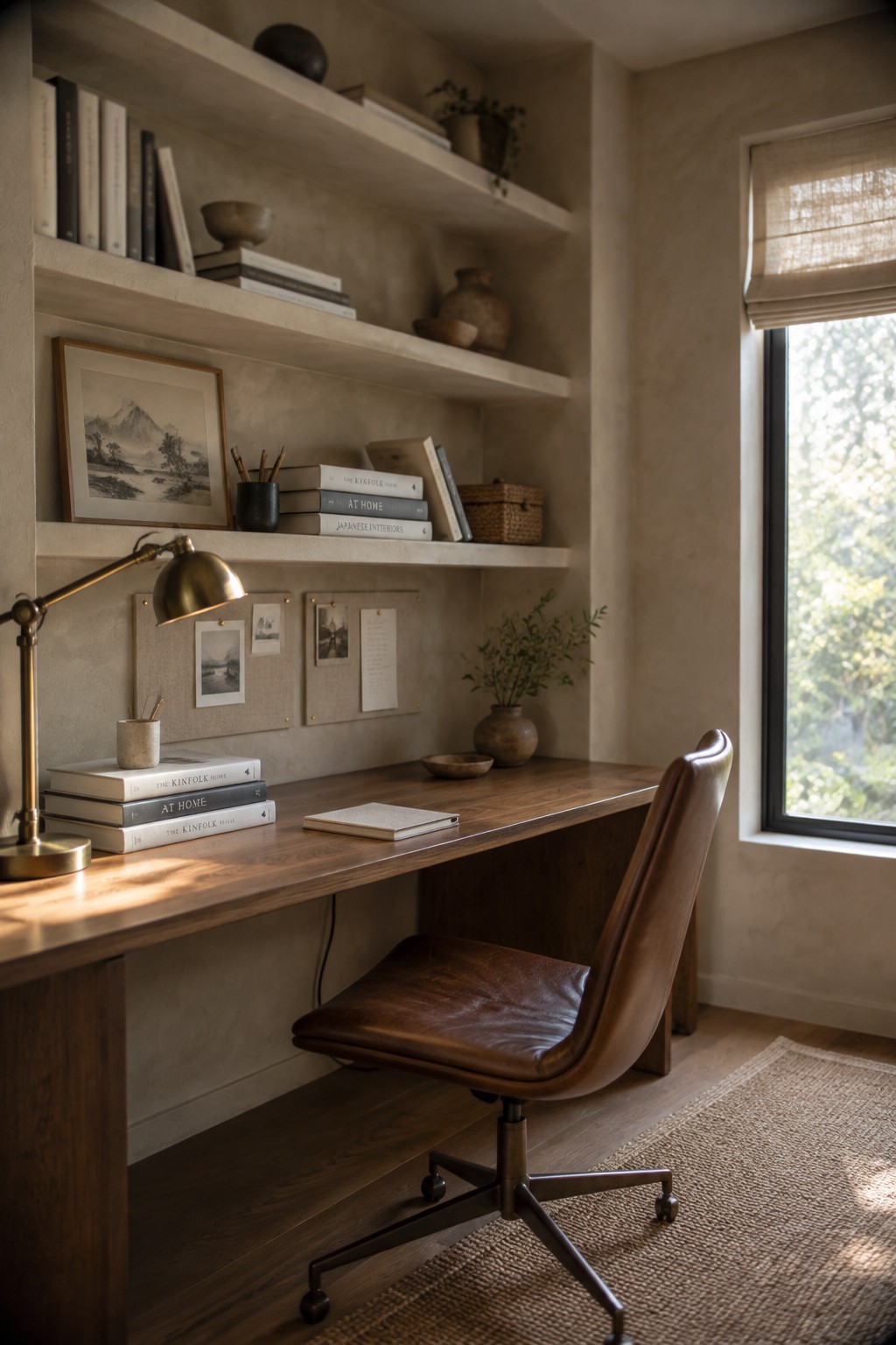 Warm beige plaster walls surround a dark wood desk and built-in shelves in a home office.