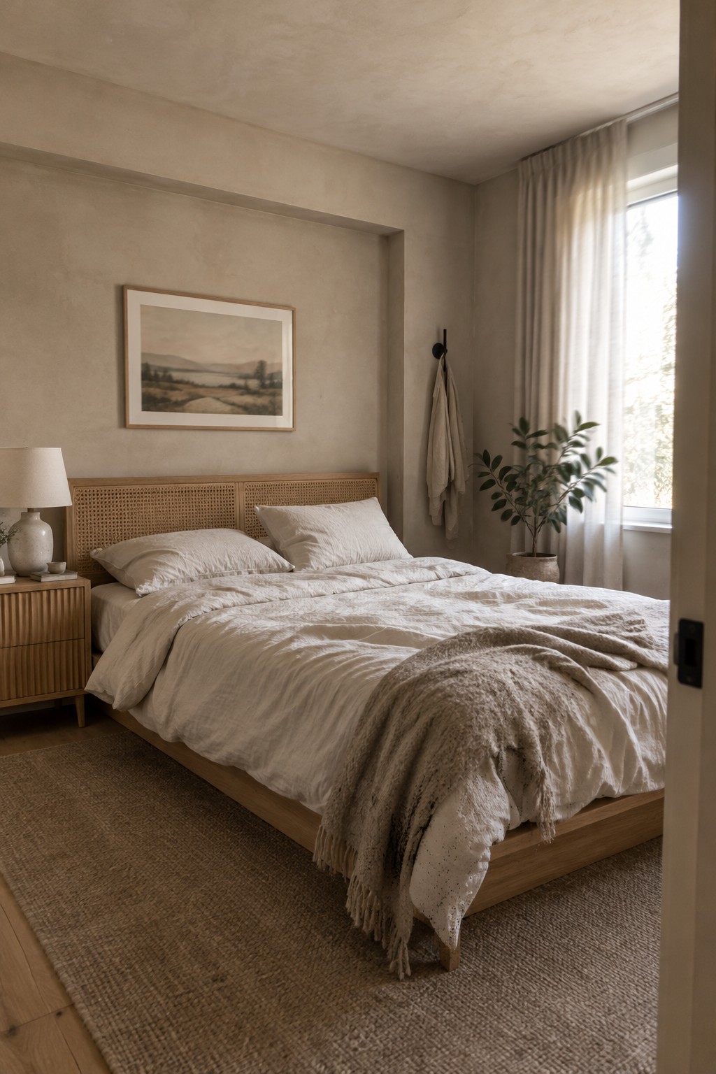Warm beige plaster-finish bedroom walls behind a natural rattan headboard.
