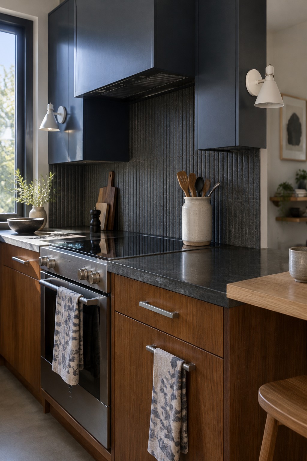 Deep charcoal navy cabinets above walnut lower cabinets in a Japandi kitchen.