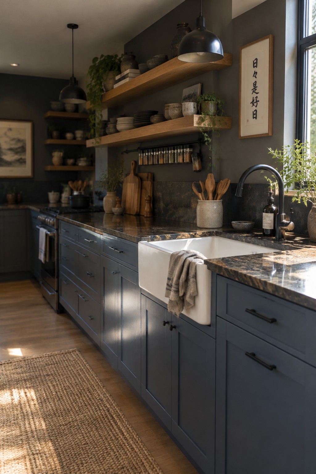 Blue-gray kitchen cabinets paired with dark stone counters and a white farmhouse sink.