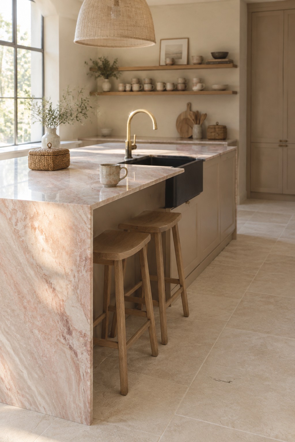 Warm cream kitchen cabinetry beside a pink-veined marble island.