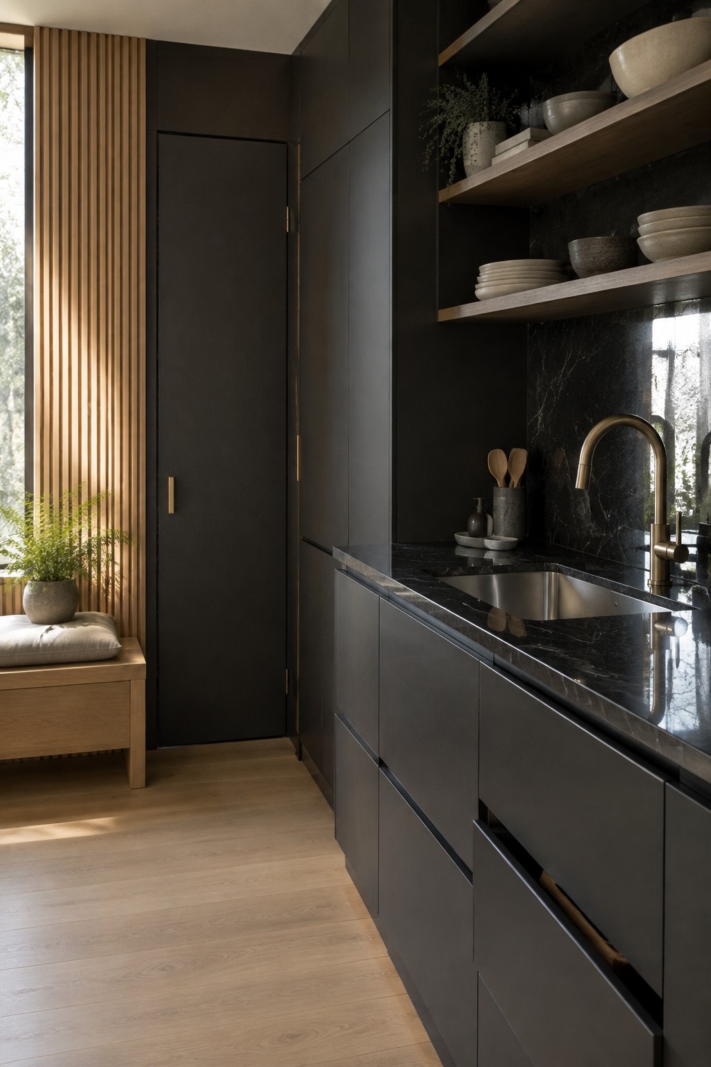 Charcoal kitchen cabinets beside oak flooring and open shelves.