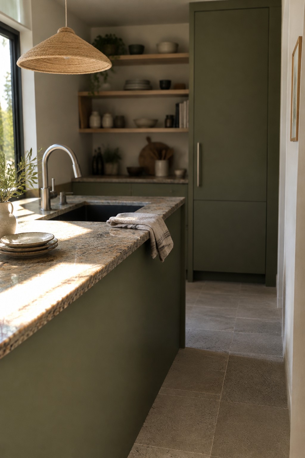 Deep olive green kitchen cabinetry beside a speckled natural stone counter.