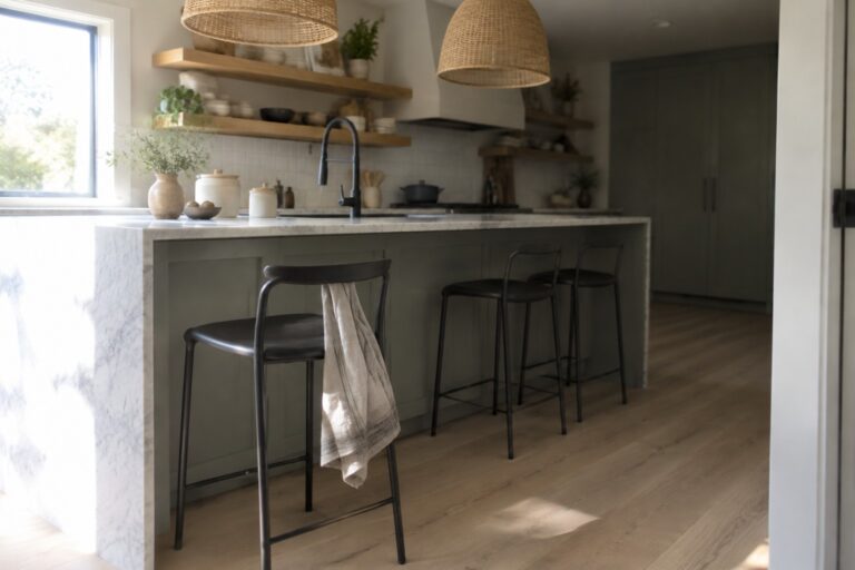 24 Japandi Kitchen Color Palettes Coordinated With Natural Stone Muted green kitchen cabinets beside a white marble island.