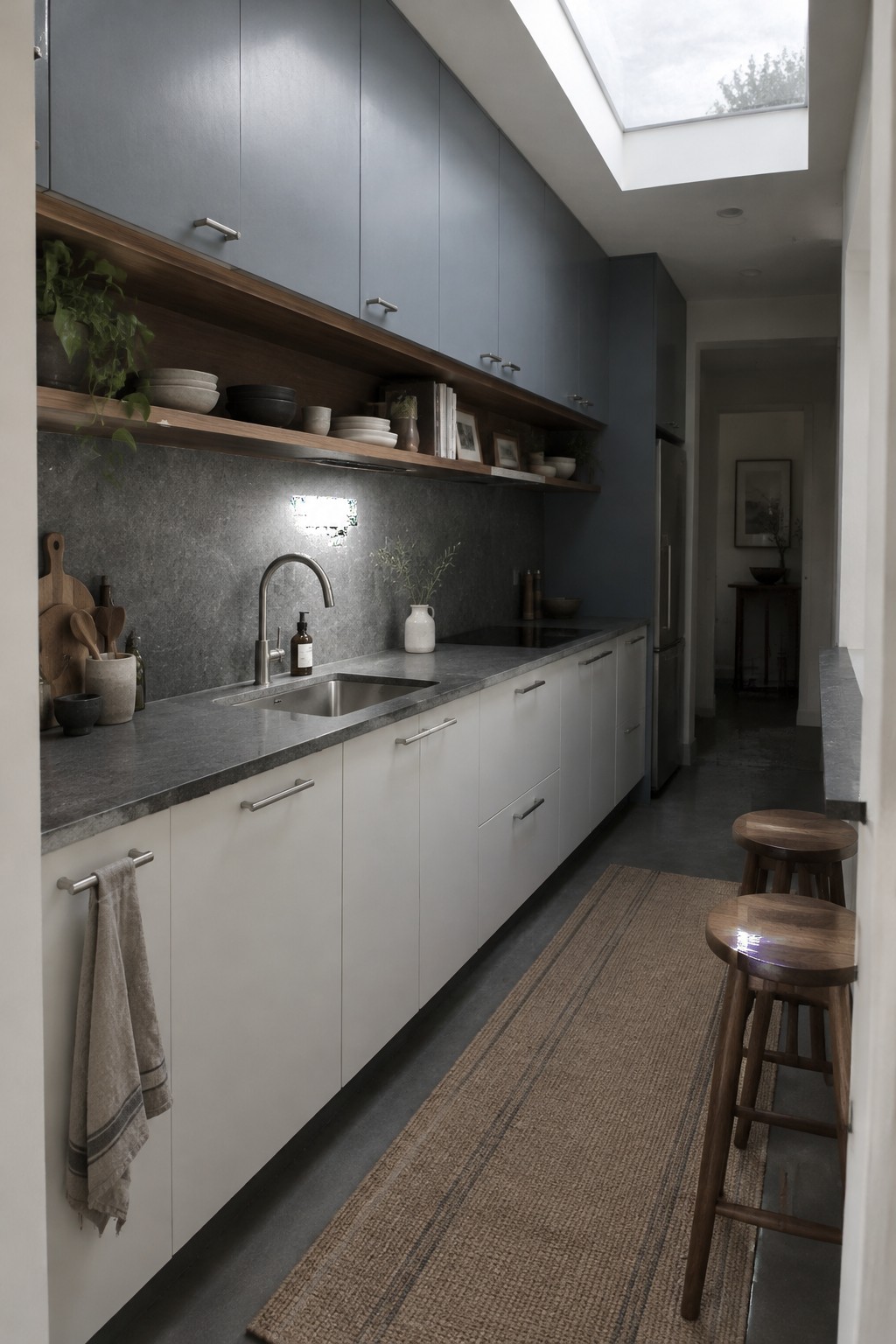 Muted blue-gray cabinets above dark stone counters in a narrow kitchen.