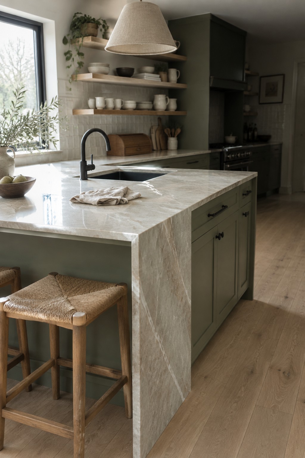 Muted green kitchen cabinets paired with a pale marble island countertop.