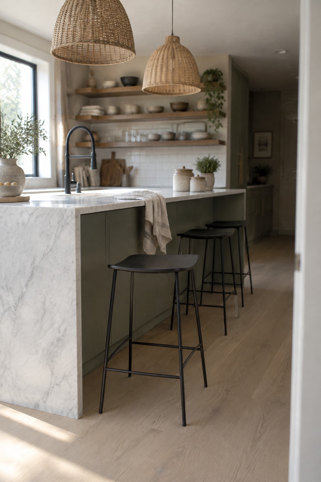 Muted green kitchen cabinets beside a white marble island.