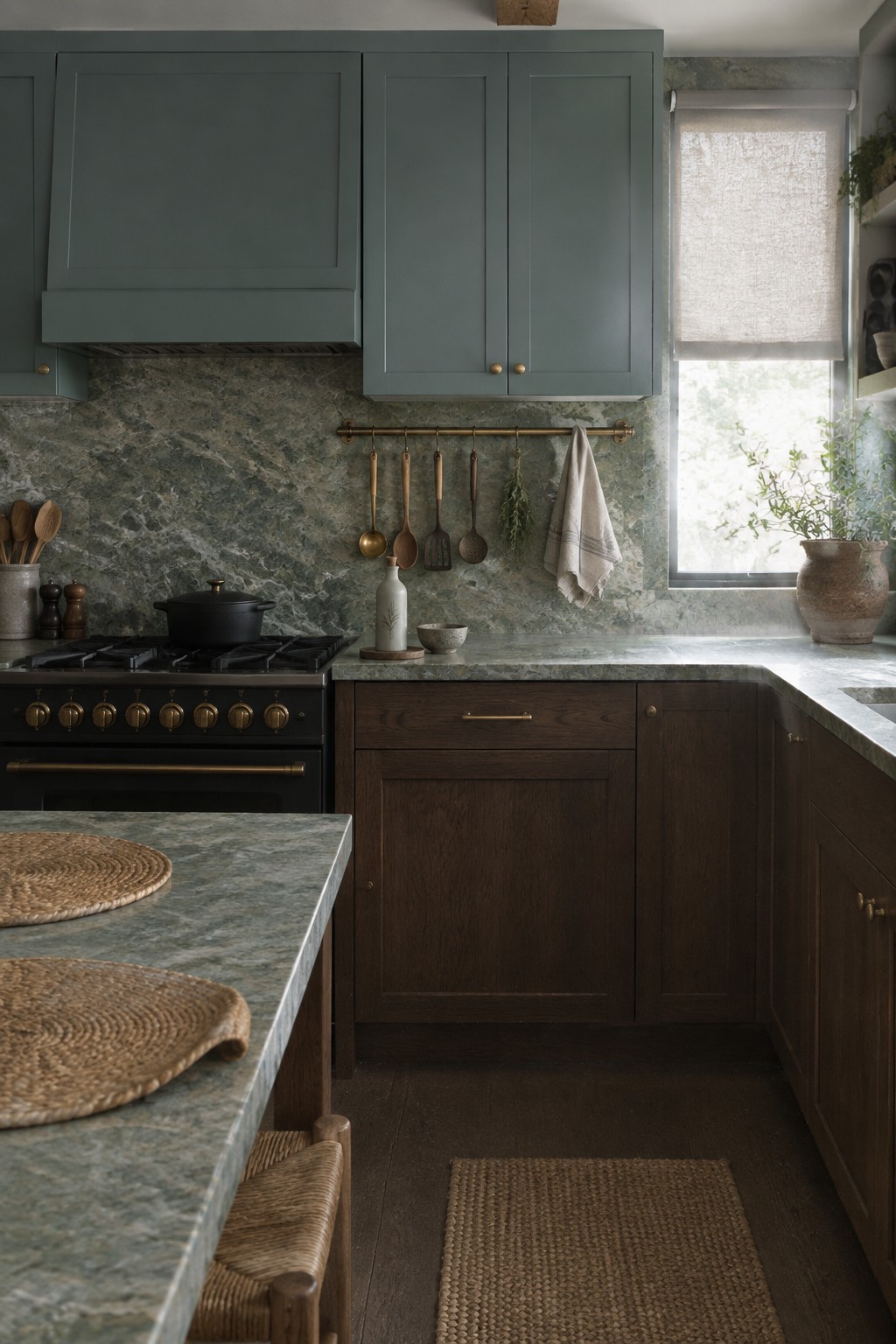 Muted green-gray upper cabinets above dark wood cabinetry and natural stone counters in a kitchen.