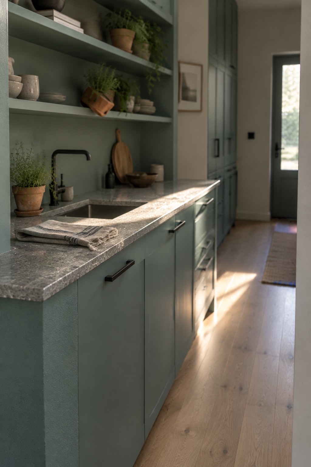 Muted sage green cabinets and open shelving paired with a speckled stone countertop in a narrow kitchen.