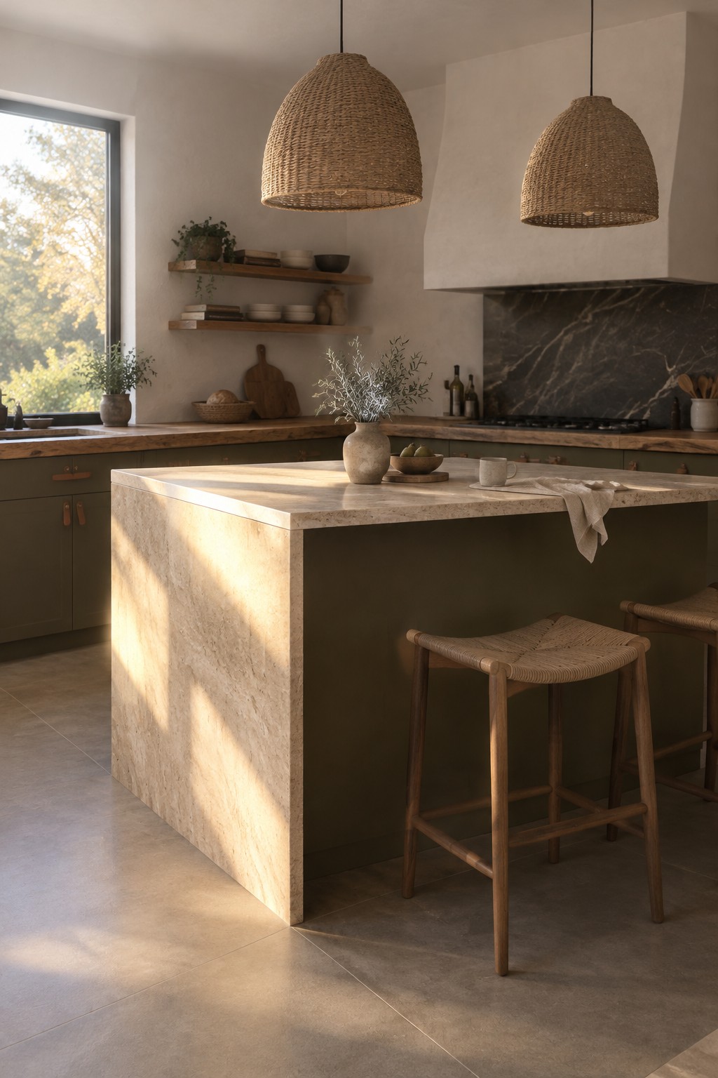 Olive-green kitchen cabinets sit beside a pale travertine island and dark stone backsplash.