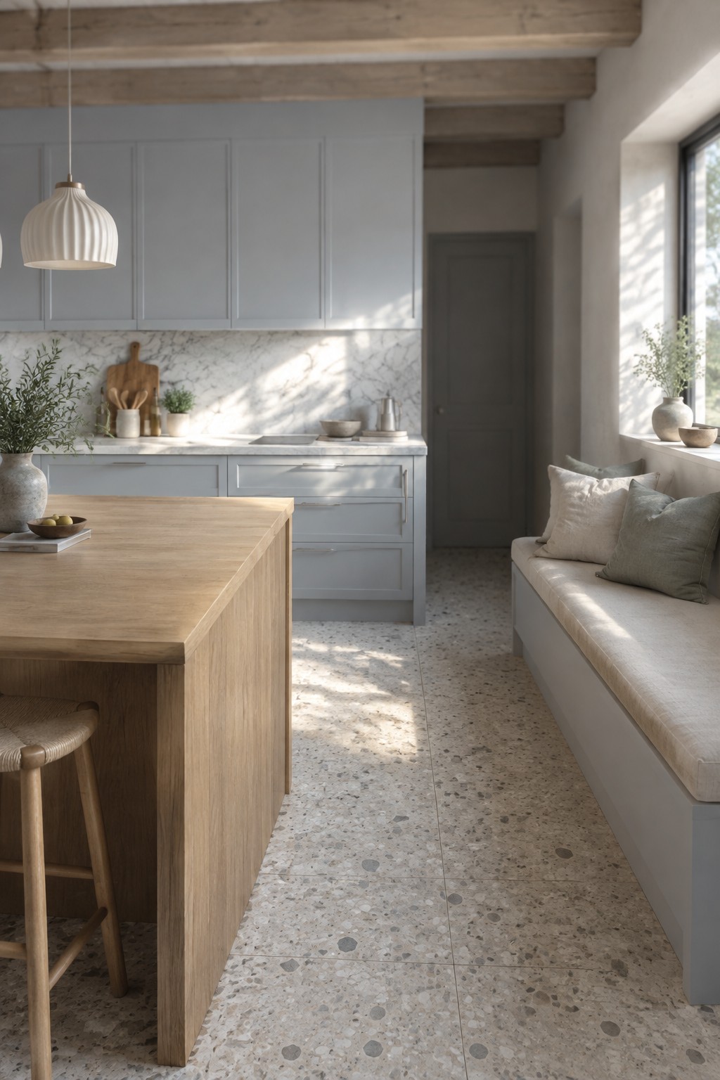 Pale gray kitchen cabinets paired with terrazzo flooring and a wood island.