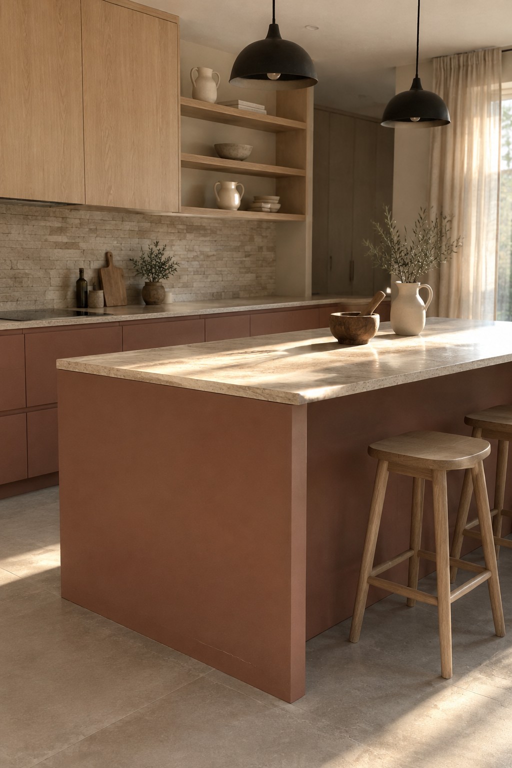 Terracotta-painted kitchen cabinets and island with pale natural stone counters.