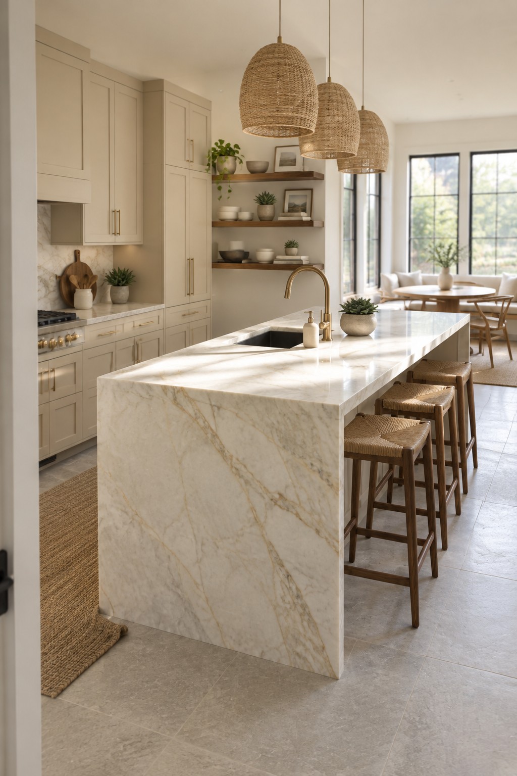 Warm cream kitchen cabinets surround a marble island in a bright open kitchen.