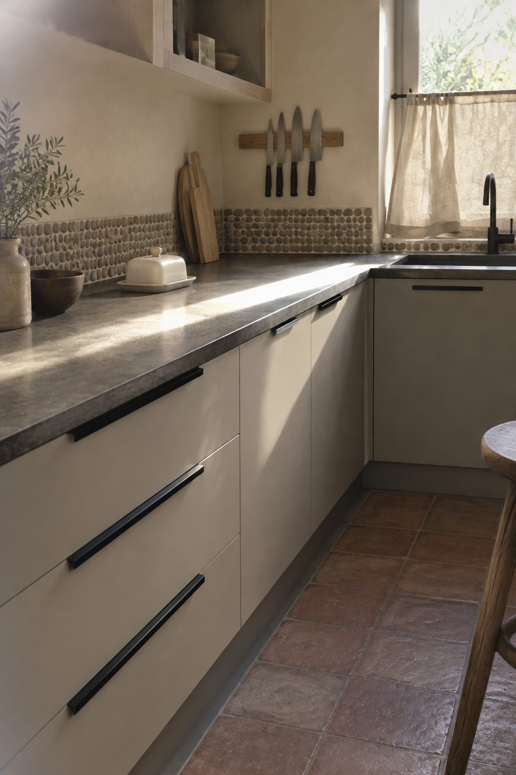 Warm greige kitchen cabinets below a dark stone countertop and rounded pebble backsplash.