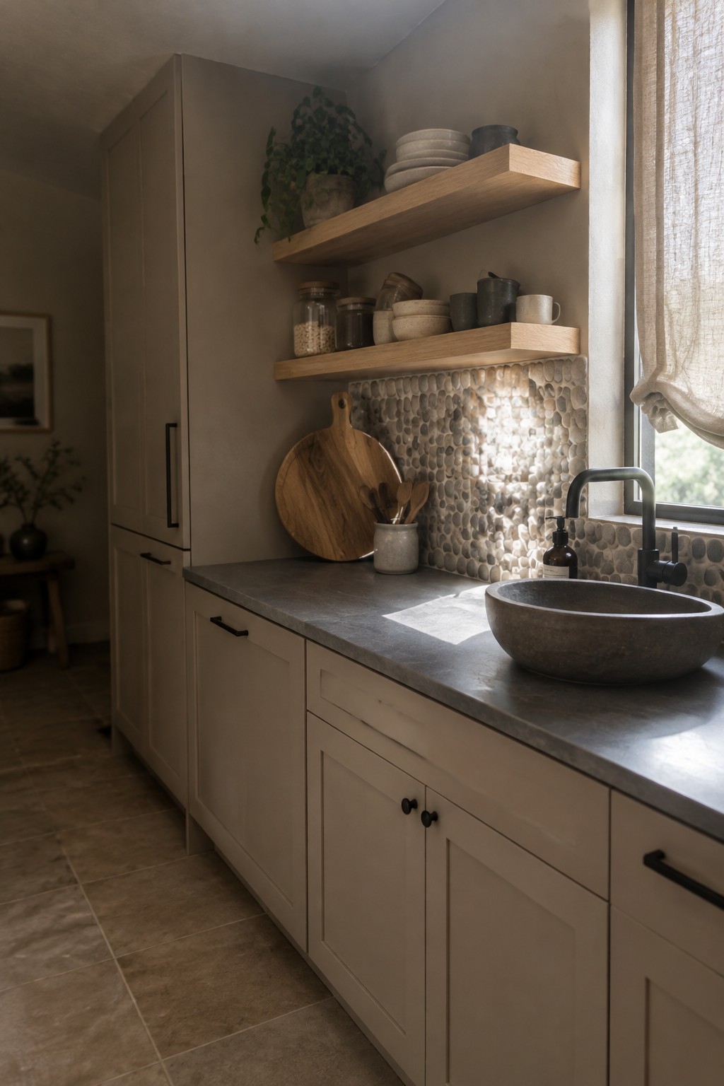 Warm greige kitchen cabinets beside a natural pebble-stone backsplash.